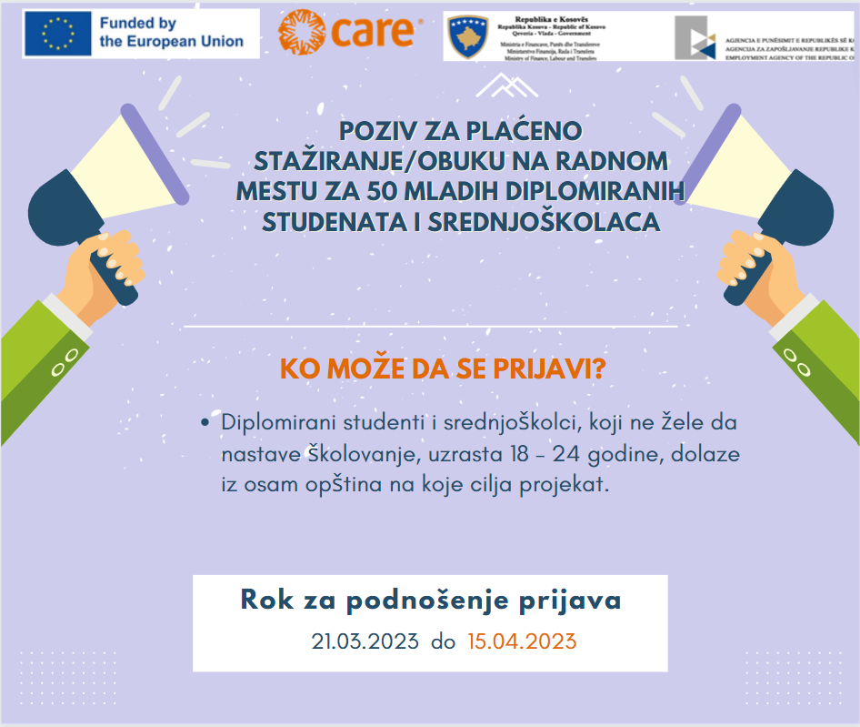 CARE INTERNATIONAL OFFICE NA KOSOVU POKRECE POZIV ZA PLACENU PRAKSU NA RADNOM MESTU/OBUKU NA RADNOM MESTU ZA 50 MLADIH LJUDI